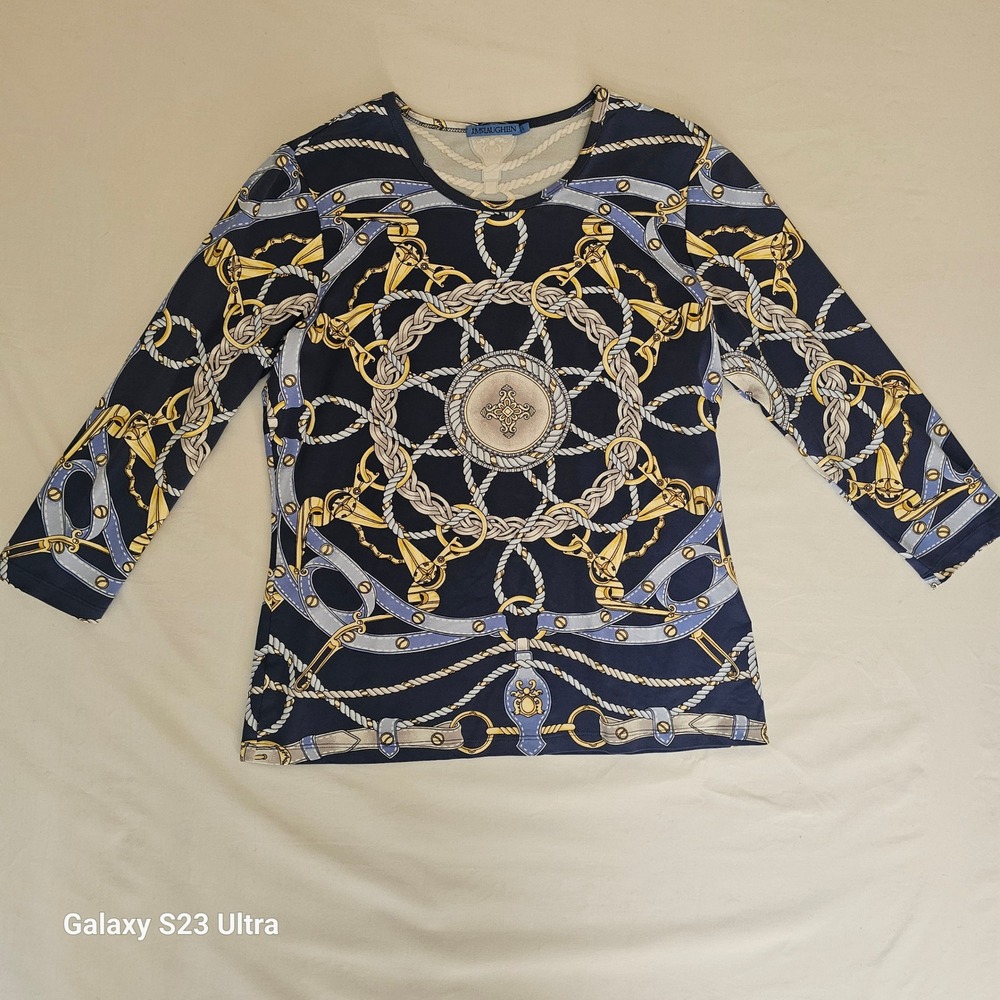 J McLaughlin Shirt Womens L Navy Nautical Rope Belt Chain Print  3/4 sleeve